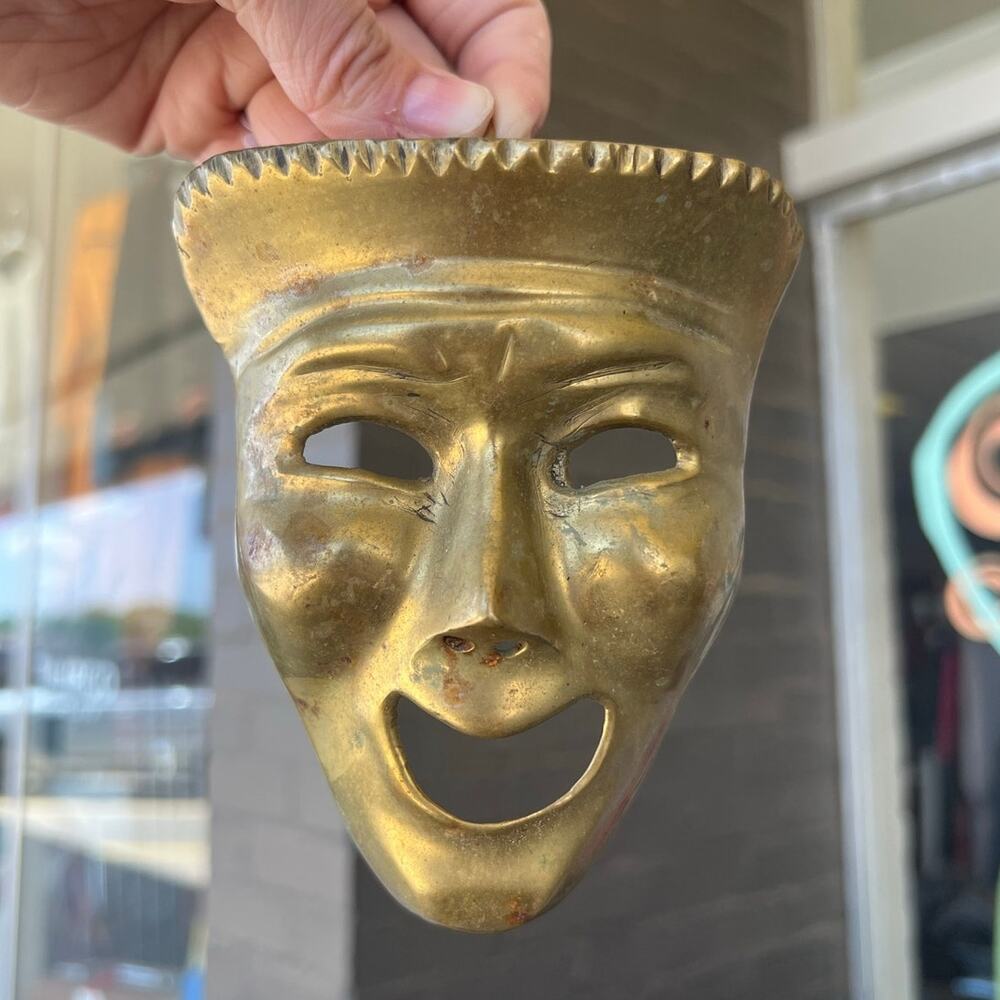 Vintage brass Japanese Oni theater mask wall art